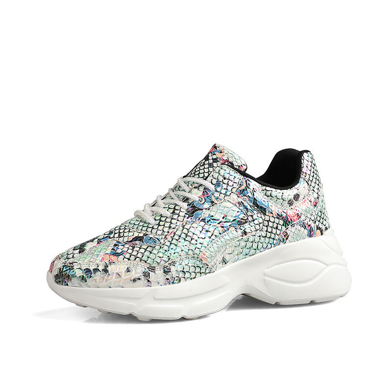Snakeskin platform sneaker, multicolor reptile pattern with black lining and white sole