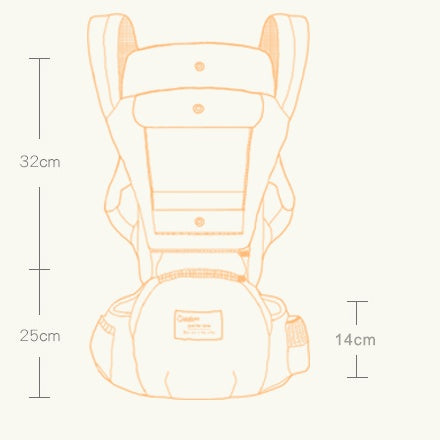 Outline of a baby carrier with dimensions labeled on a white background