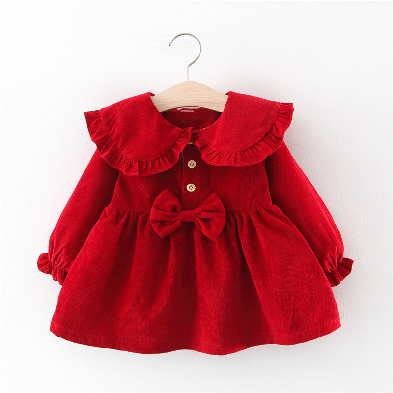 Baby girl dress in red corduroy-style with ruffled collar, button placket, bow detail