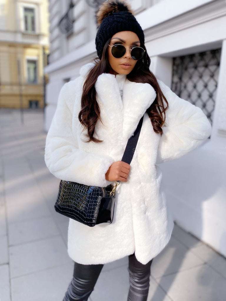 Elegant Long Sleeve Faux Fur Coat for Women Temperament Long Sleeve Lapel Faux Fur C | Ectron Online