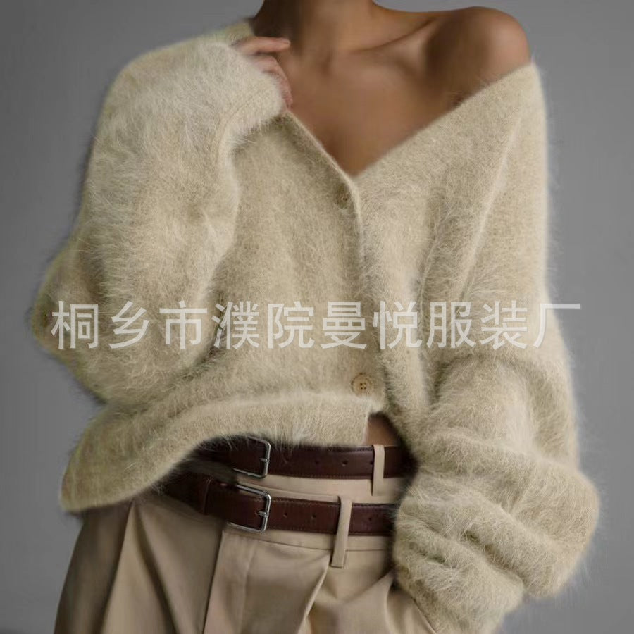 2024 Cross-border Hot Sale Spring And Autumn Imitation Marten Cardigan Women Idle Style Loose Sweater Coat Soft Long-sleeved Sweater Women