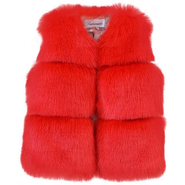 Red faux fur baby winter vest with button front and layered panels