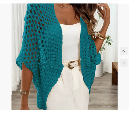 Women's teal crochet cardigan with openwork knit and loose short sleeves