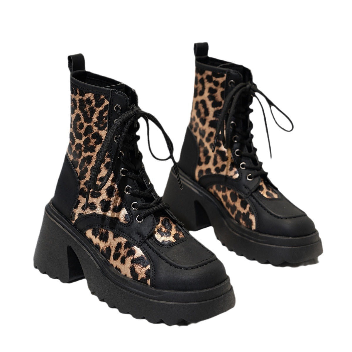 Leopard Print Chunky Heel Booties Female Lace-up Platform British