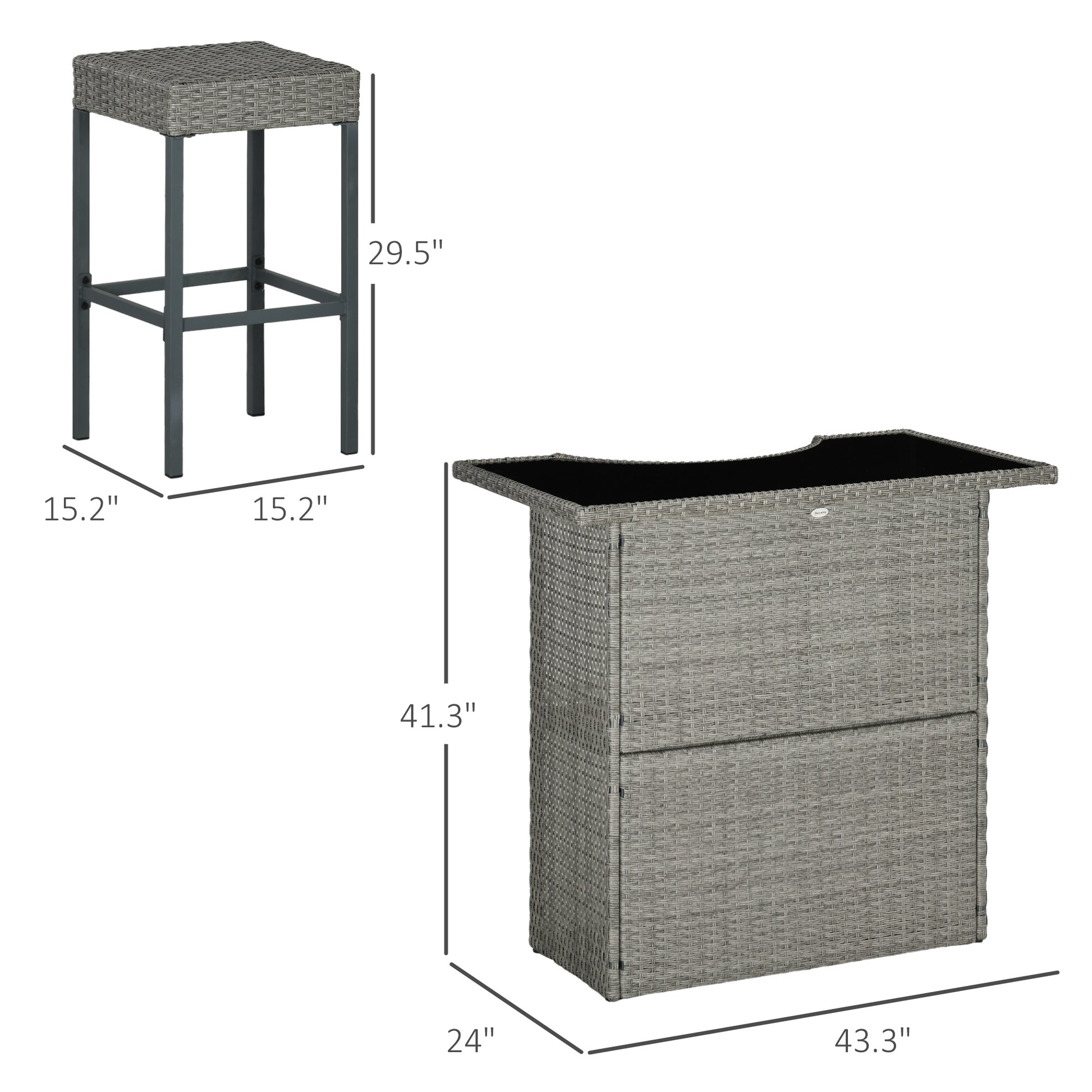 Gray rattan bar stool and bar table with dimension labels on a white background