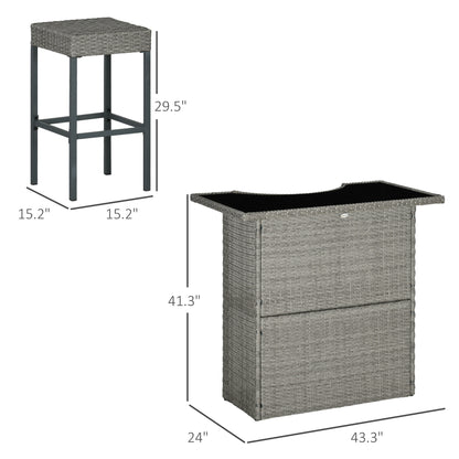 Gray rattan bar stool and bar table with dimension labels on a white background
