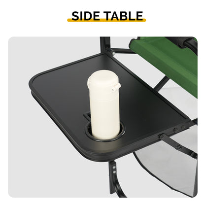 Side table on director's chair holding a white bottle, black tabletop and support
