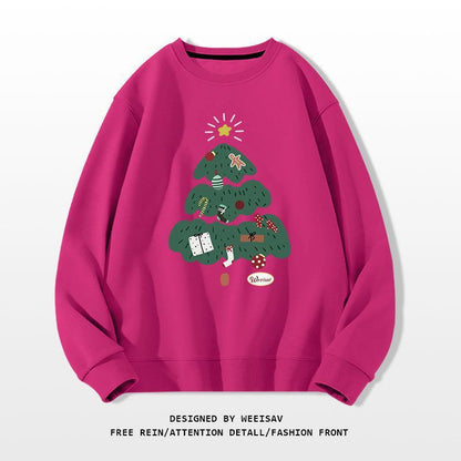 Pink sweatshirt with a green Christmas tree design on a white background