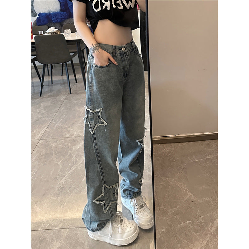 Blue XINGX Embroidered Jeans Women Loose Straight-leg Wide-leg Pants