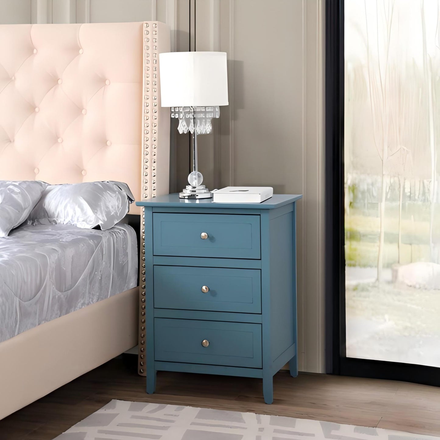 Teal Accent Nightstand - Modern Bedside Table with Storage