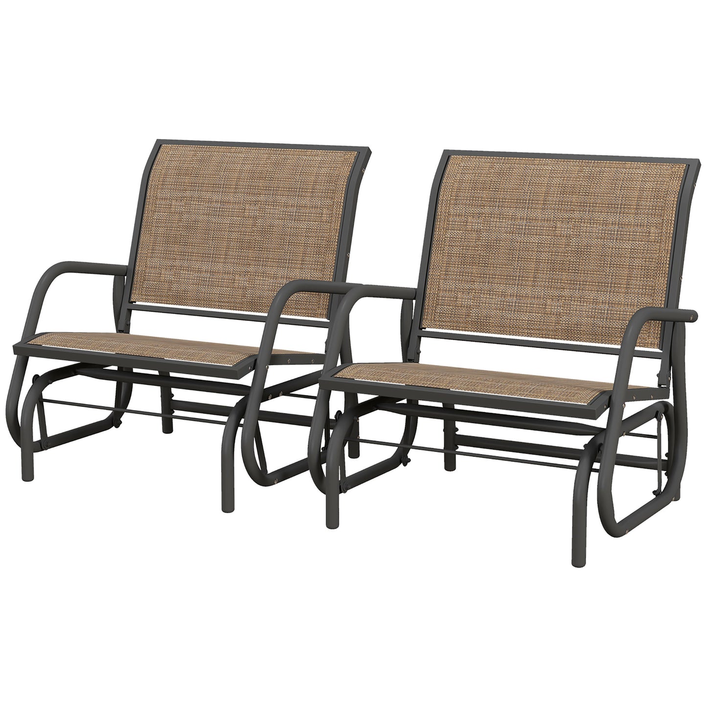 Set of outdoor steel glider chairs with black frames and tan woven seatbacks
