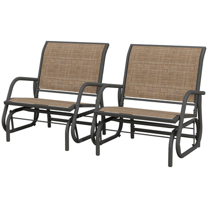 Set of outdoor steel glider chairs with black frames and tan woven seatbacks