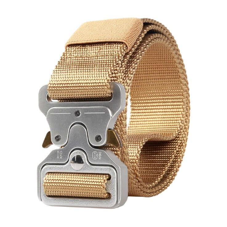 Tan tactical belt with alloy buckle and textured woven webbing