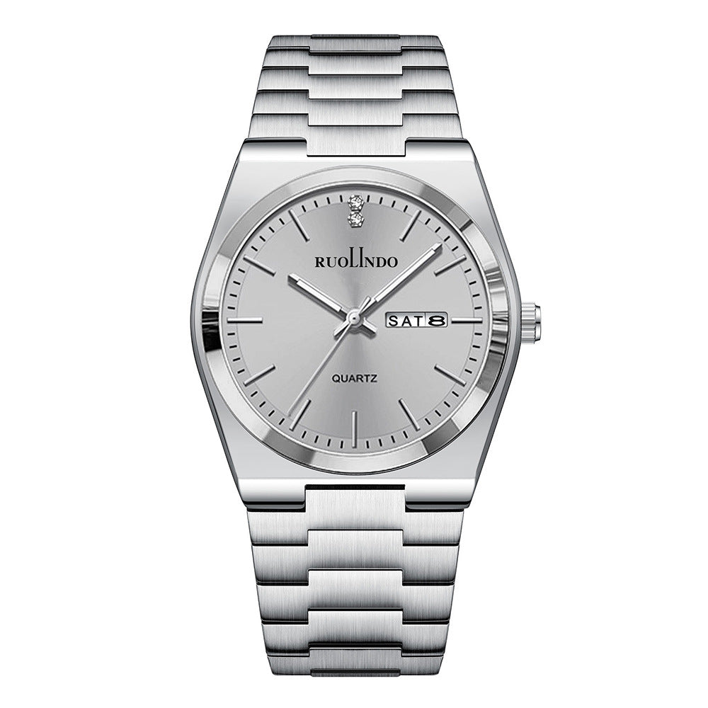 Stainless steel luminous men's wrist watch with light dial and metal bracelet