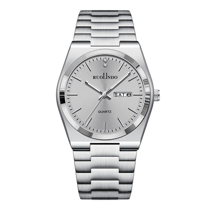 Stainless steel luminous men's wrist watch with light dial and metal bracelet
