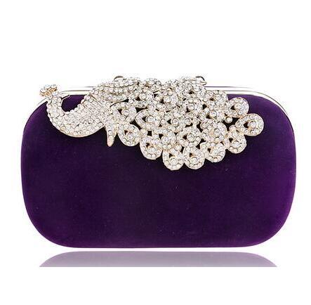 Purple velvet oval clutch bag with silver rhinestone baroque clasp frame