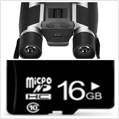 Binoculars with a 16GB microSDHC card on a white background