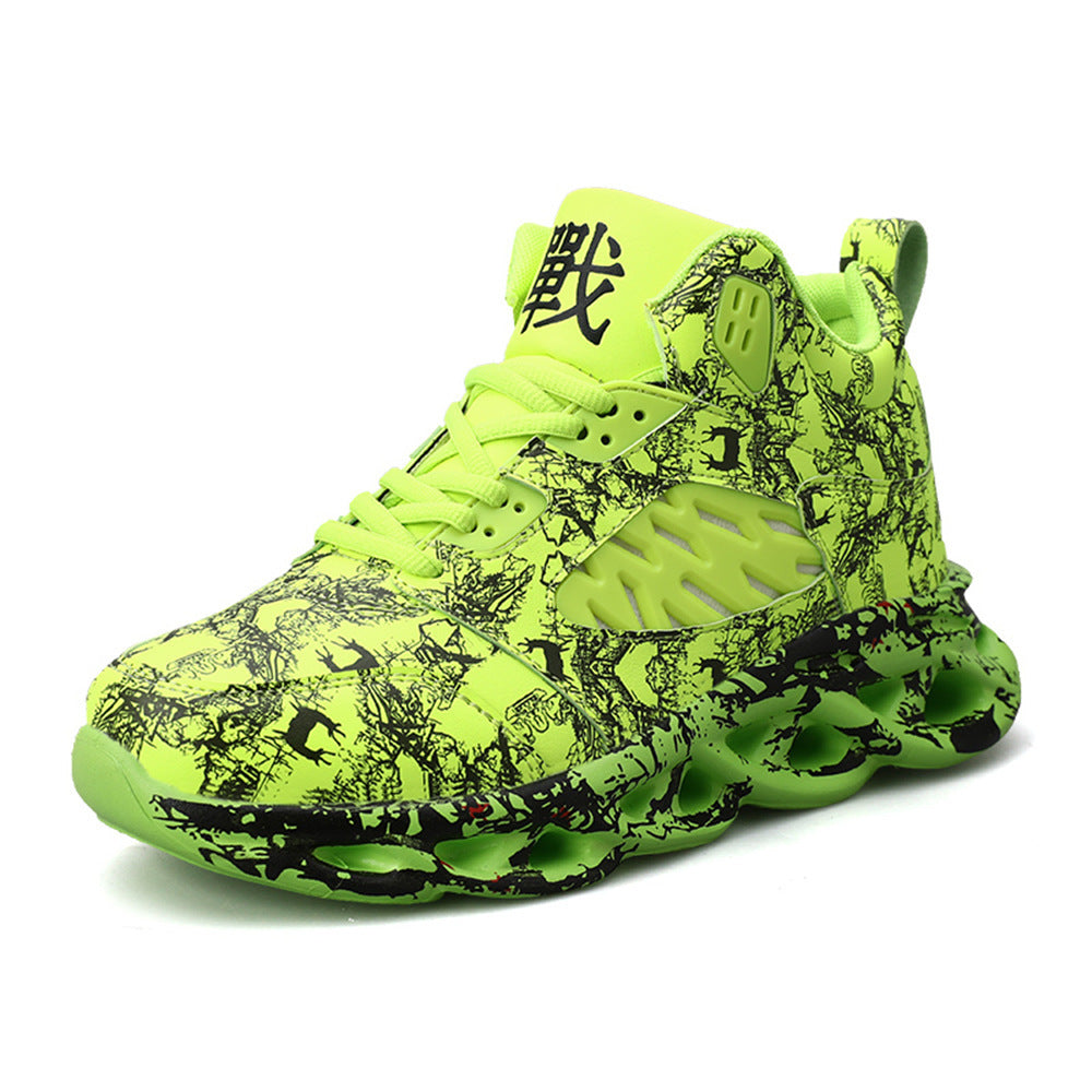 Neon green graffiti high-top sneakers with lace-up closure and thick tread sole