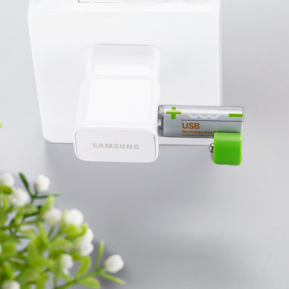 Samsung USB rechargeable battery on a white background with a blurred plant in the foreground