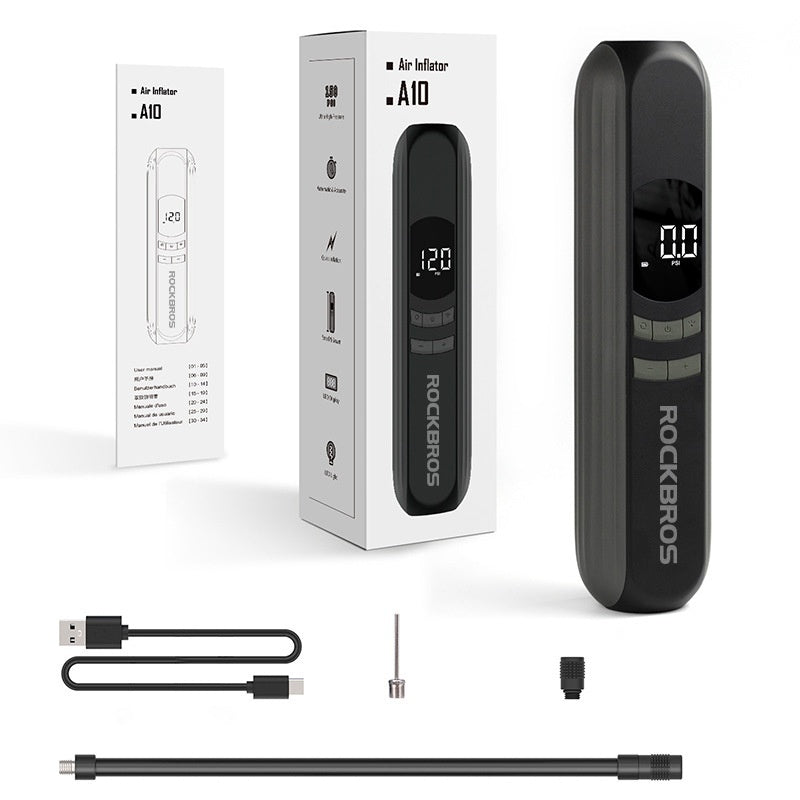 RockBros air inflator with packaging, USB cable, and nozzle on a white background