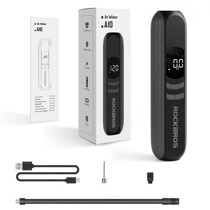 RockBros air inflator with packaging, USB cable, and nozzle on a white background