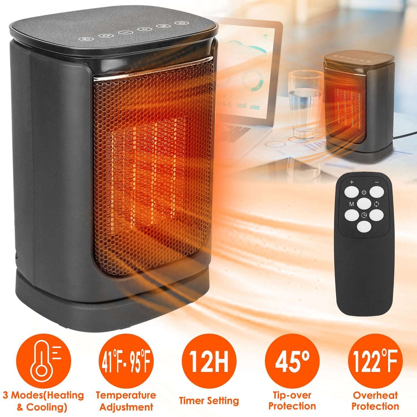 Portable space heater with remote control on a blurred office background