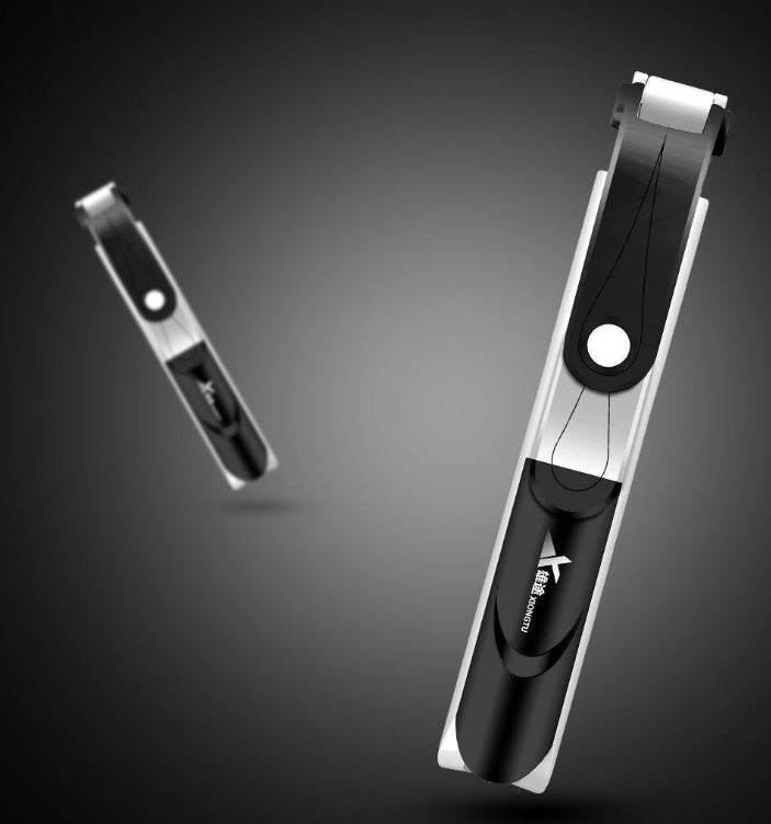 White selfie stick and tripod with phone clamp, compact view