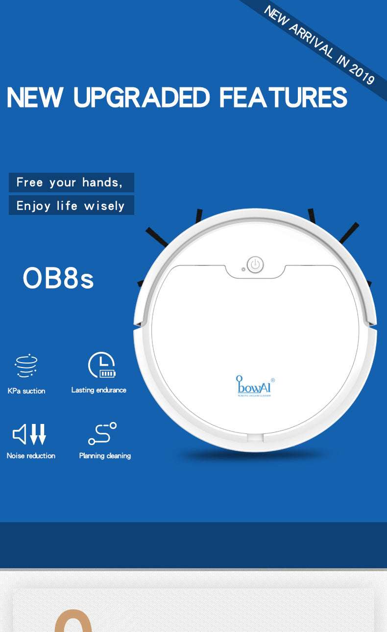 Robotic vacuum cleaner with upgraded features on a blue background
