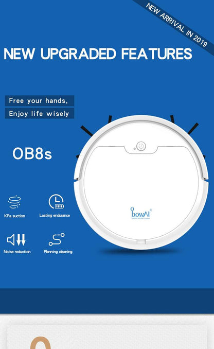 Robotic vacuum cleaner with upgraded features on a blue background