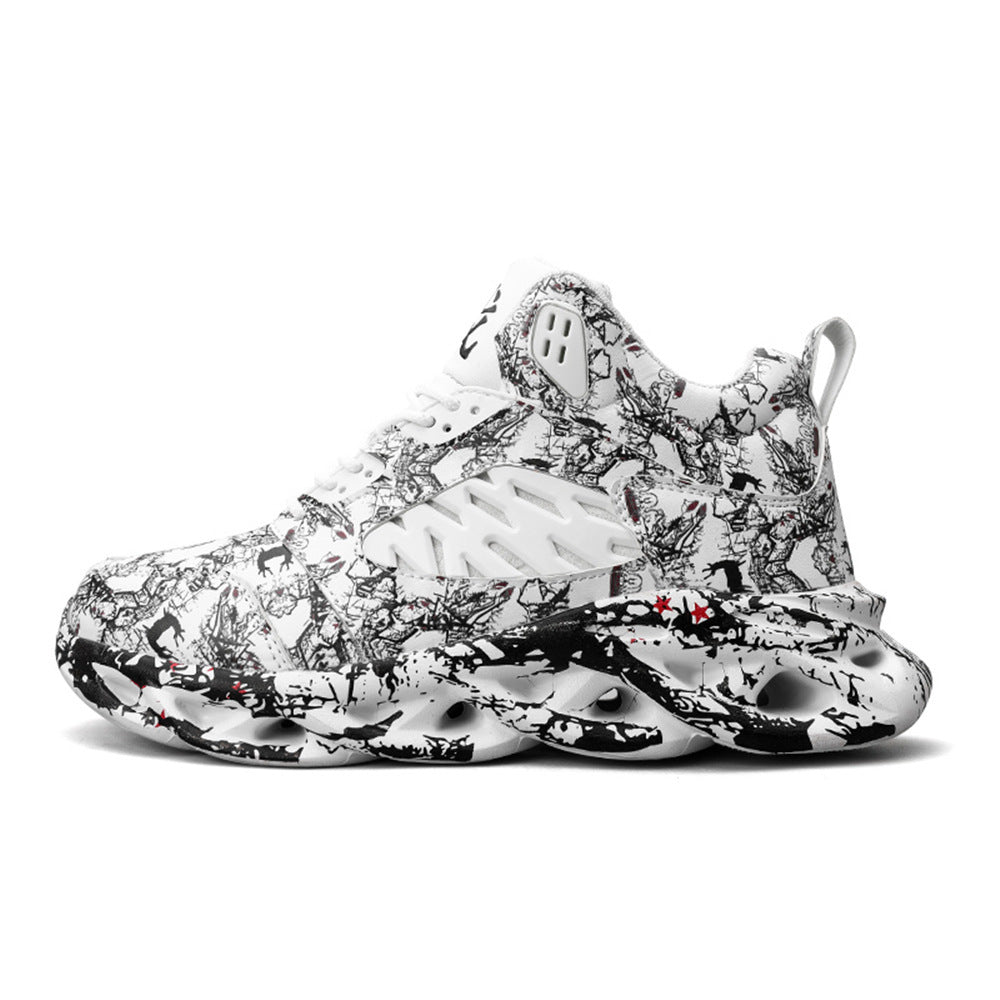 White and black graffiti high-top sneakers with lace-up closure and textured tread sole