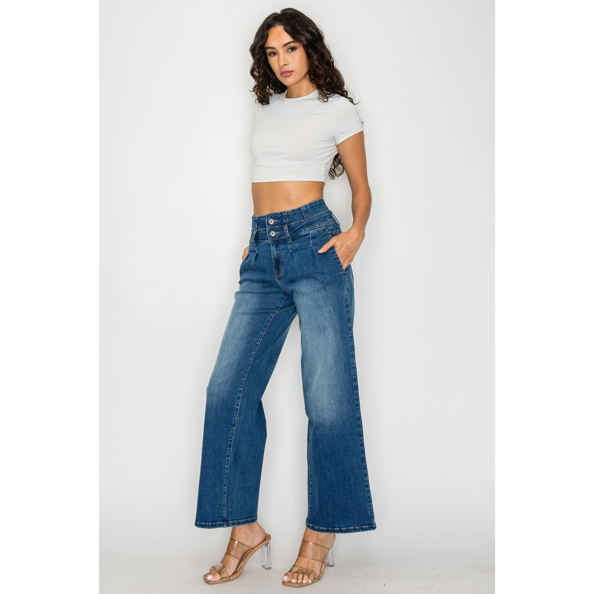 Women’s medium-blue denim jeans with high rise and wide straight legs