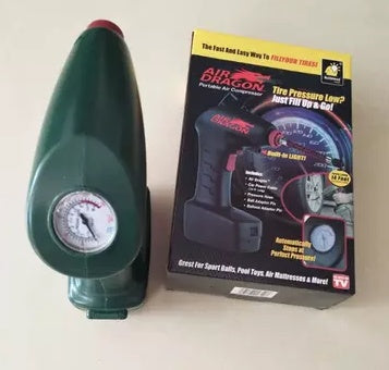 Green tire pressure gauge and its packaging on a white background