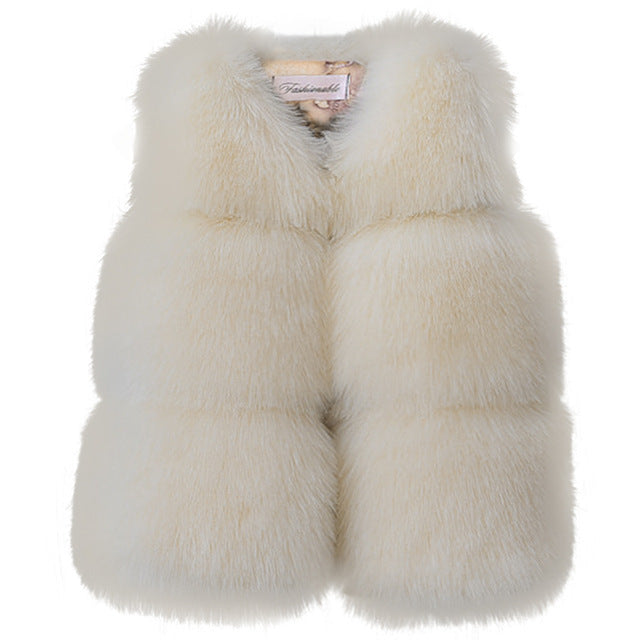 Baby girl faux-fur winter vest, cream, front button closure