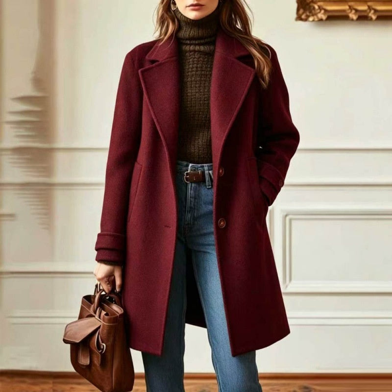 Wine red mid-length lapel coat with notch lapels, button front, long sleeves