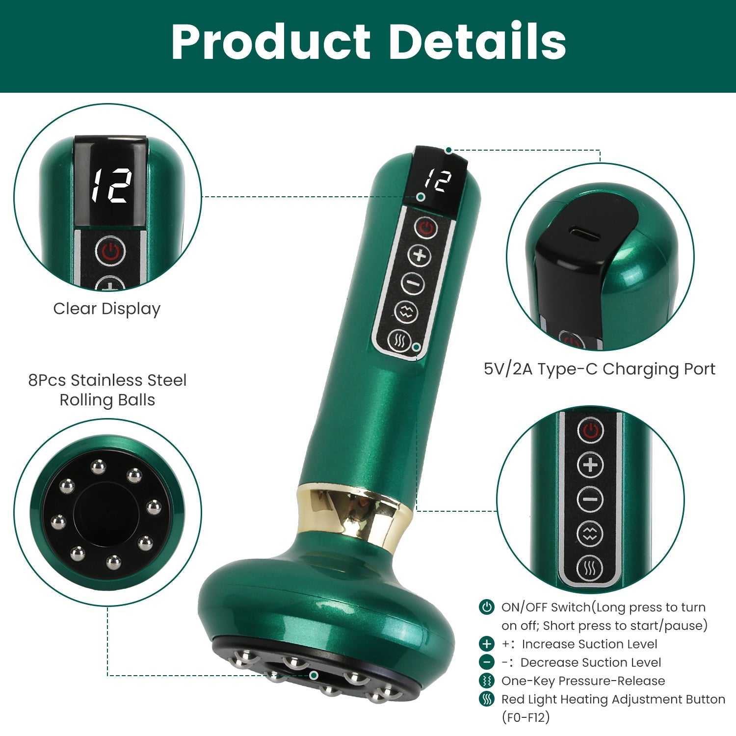 Green vacuum massager with digital display, button panel, and charging port