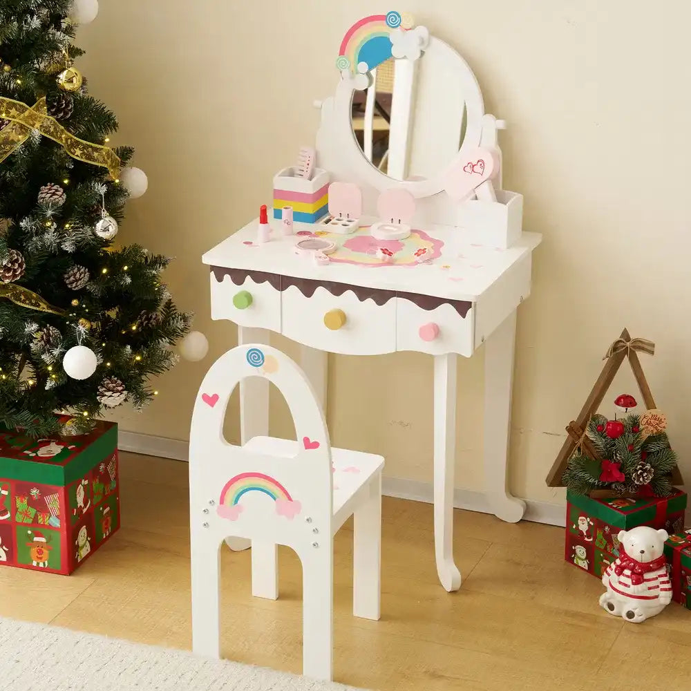 Kids princess vanity table set with mirror and chair, pastel pink and white