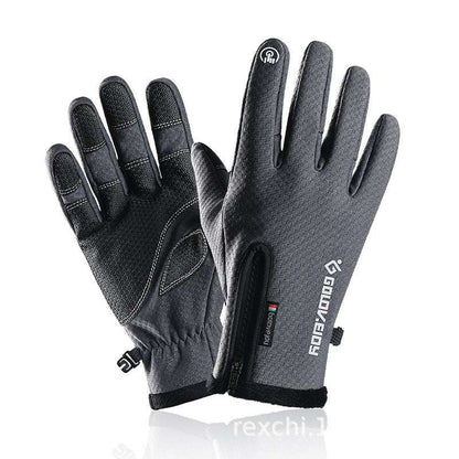 Pair of gray gloves with touch screen tips on a white background