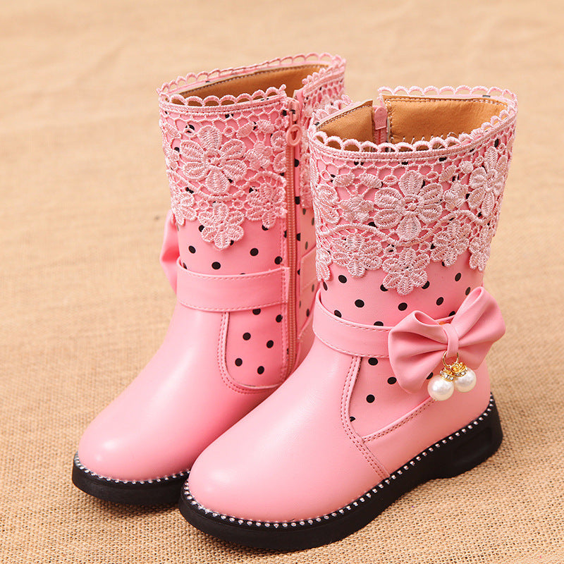 Girls' velvet cotton boots, light pink lace cuff with bow and pearl charm, polka dots