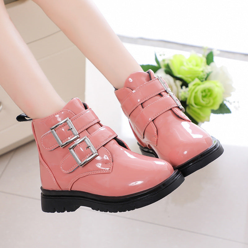 Kids' PU short riding boots in pink with two silver buckles and thick tread sole