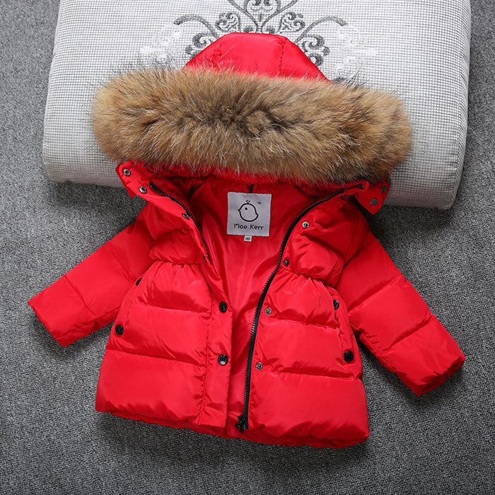 Red baby puffer jacket with brown faux-fur hood, front zipper, and side pockets
