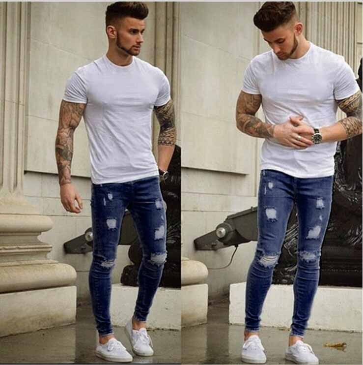 Edgy Frayed Slim-Fit Jeans Men’s Bottoms | Ectron Online