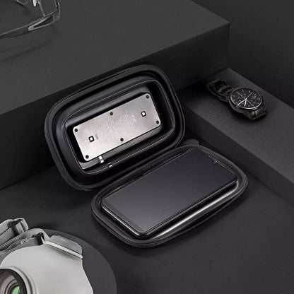 Black carrying case with electronic device on a dark surface