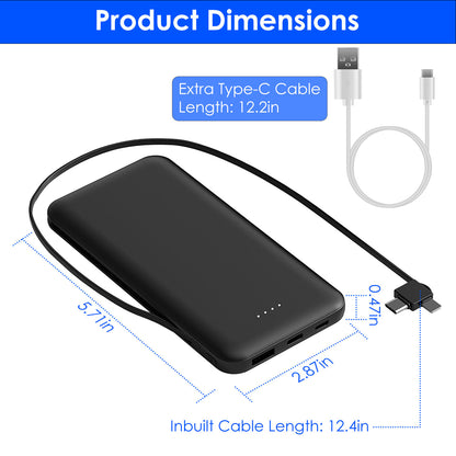 10000mAh Portable Power Bank with Built-in USB-C & Lightning Cables 1Pc 10000mAh Power Bank Portable Phone C | Ectron Online