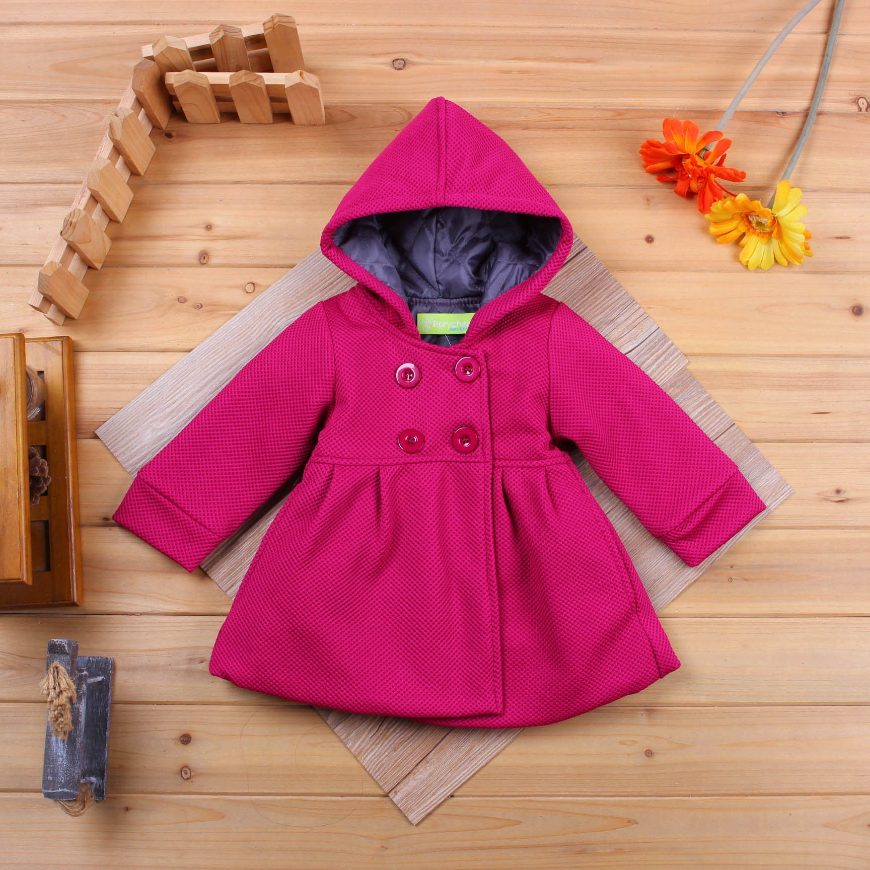 Girls hooded winter coat, bright pink with lined hood, button front, long sleeves