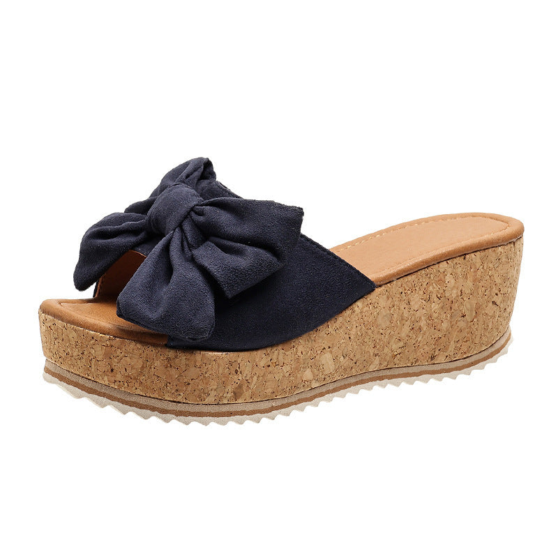 Fashion Bow Leopard Print Wedge Slippers For Women New Thick-sole High Heel Flat Shoes Summer Outdoor Fish Mouth Slippers Fashion Bow Leopard Print Wedge Slippers | Ectron Online