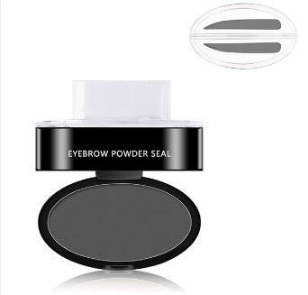 Eyebrow powder seal compact with dark gray powder and arch stamp template