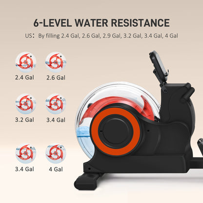 Foldable water rowing machine showing side flywheel housing with orange accents