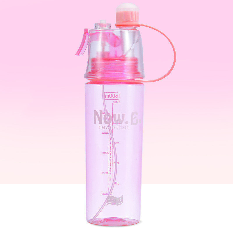 Pink portable water bottle with mist spray tube and flip-top lid