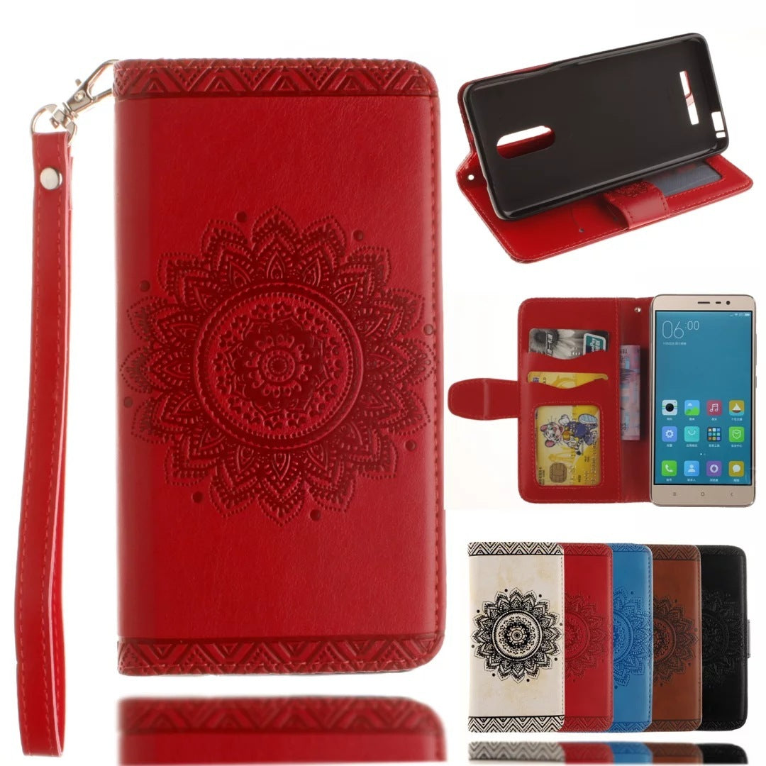 Phone case with wrist strap, red mandala emboss, folio wallet cover