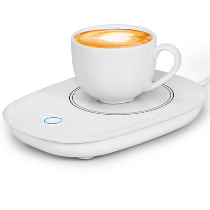 White electric mug warmer with coffee cup on heated pad, auto shut-off indicator